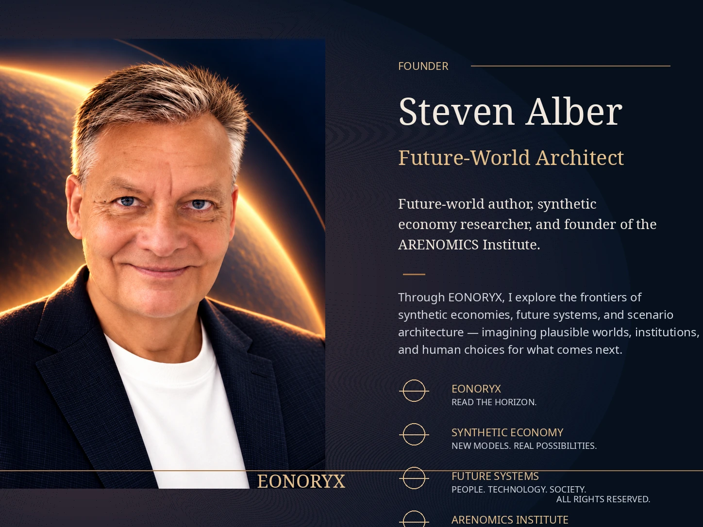 Steven Alber, founder of EONORYX — editorial portrait in midnight navy and copper
